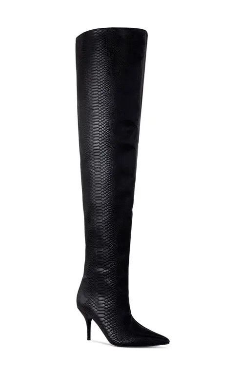 AZALEA WANG Halina Snakeskin Embossed Thigh High Boot in Black at Nordstrom, Size 11 | Nordstrom