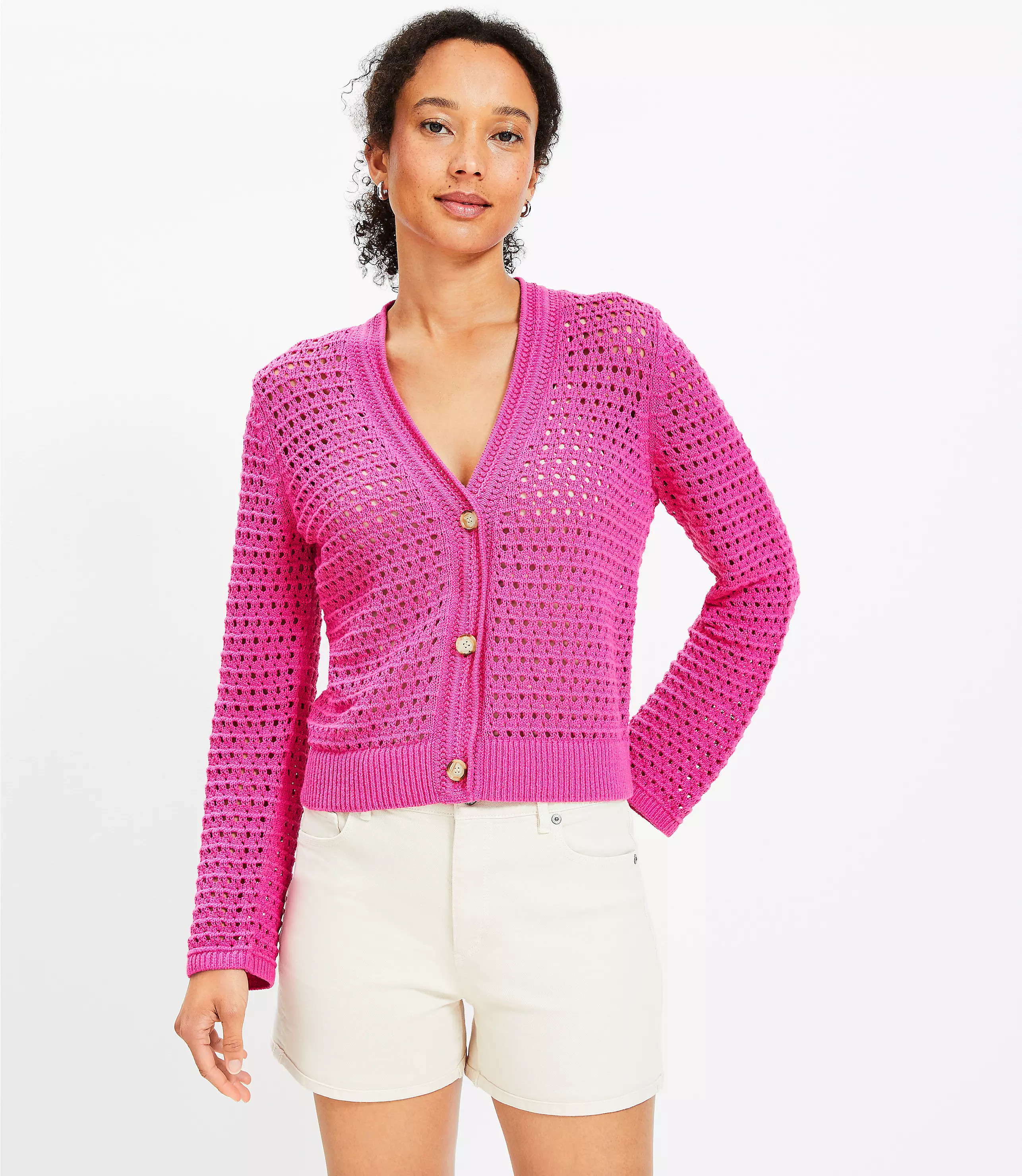 Chunky Mesh Stitch V-Neck Cardigan | LOFT