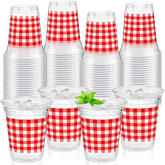 Qinyoung 50 Pcs Red and White Checkered Plastic Cups 12oz Gingham Party Disposable Cups Bulk Drin... | Amazon (US)