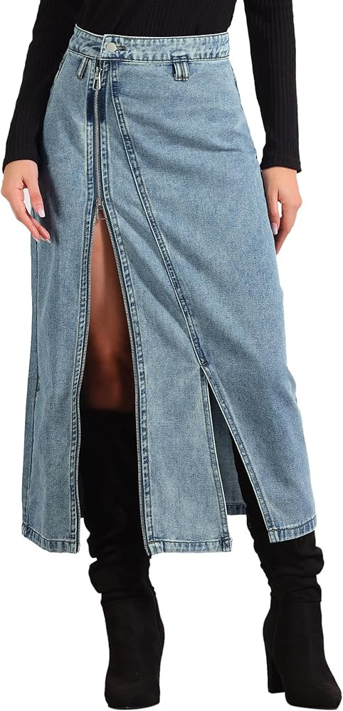 Allegra K Jean Skirt with Pockets for Women's Denim Zipper Front Split Long Skirts | Amazon (US)