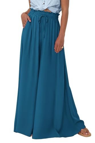 PRETTYGARDEN Women's 2026 Summer Wide Leg Palazzo Pants High Waisted Flowy Pockets Trendy Casual Lounge Boho Beach Trousers (Lake Blue,Large) | Amazon (US)