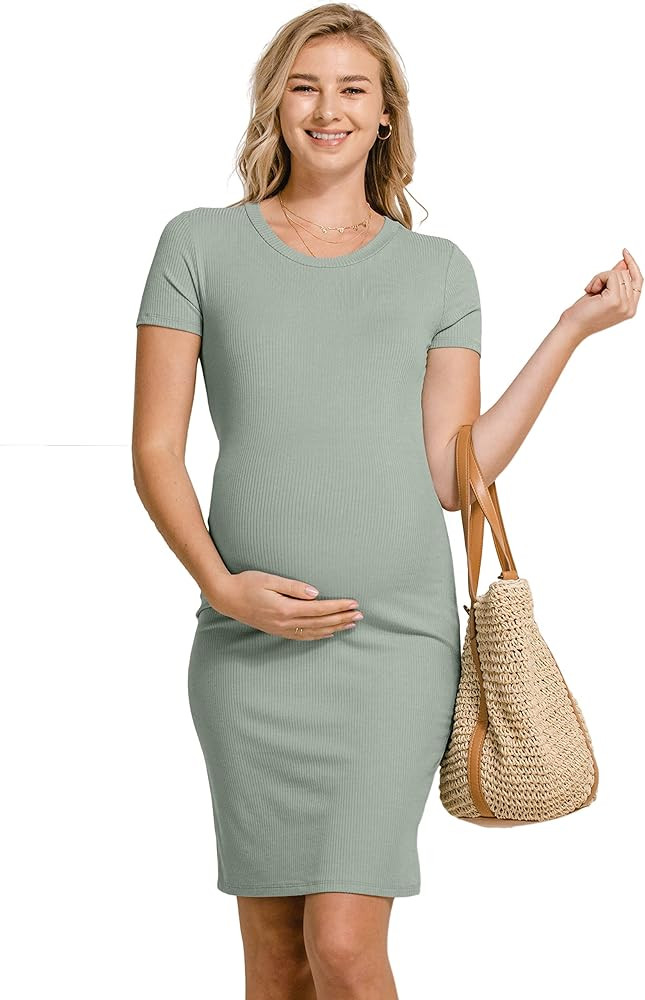 LaClef Women's Maternity Short Sleeve Bodycon Ribbed Dress | Amazon (US)