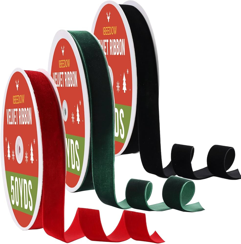 3 Rolls Velvet Ribbon Set 1" x 50Yards for Christmas Tree Single Face Vintage Velvet Ribbon for C... | Amazon (US)