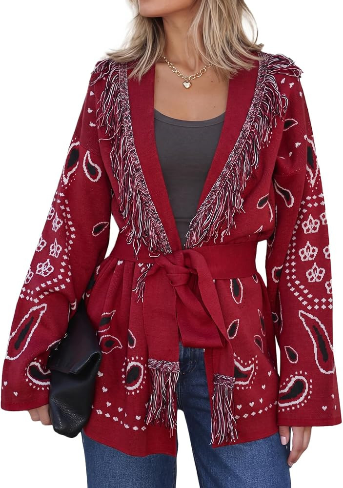 Cicy Bell Womens Fringe Cardigan Printed Long Sleeve V Neck Belt Sweaters | Amazon (US)