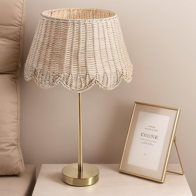 Premium Scalloped Rattan Shade Table Lamp, Small Brass Gold Table Lamps for Nightstand, Gold Smal... | Amazon (US)