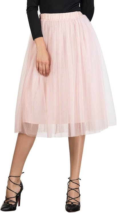 Joeoy Women's Elastic Waist Ballet Layered Princess Mesh Tulle Midi Skirt | Amazon (US)