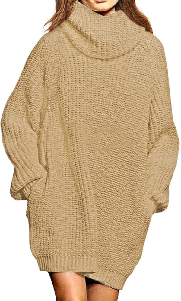 Pink Queen Women's Loose Turtleneck Oversize Long Pullover Sweater Dress | Amazon (US)