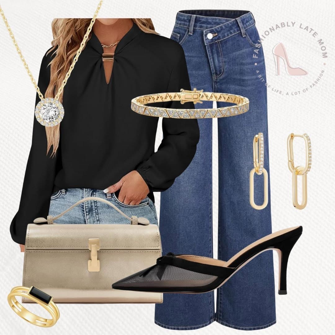 Date nights outfit inspo. 

Fashionablylatemom. 
Trending outfits. 
Womens denim. 
Womens jeans. 
High waisted jeans. 
Baggy wide leg denim. 
Womens dressy top. 
Womens blouse. 
Long sleeve top. 
Black shirt. 
Womens shoes. 
Womens heels. 
Black heels. 
Mesh heel. 
Black kitten heel. 
Bow details. 
Clutch purse. 
Womens purse. 
Small purse with top handle. 
Gold jewelry. 
Gold earrings. 
Paperclip earrings. 
Gold bracelet. 
Simulated diamonds. 
Gold necklace. 
Gold ring with black stone. 
Womens clothing  

#LTKStyleTip #LTKShoeCrush #LTKSeasonal