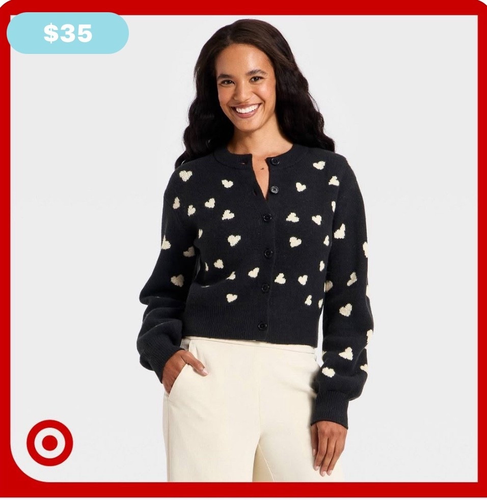 Women's Heart Print cardigan under $40.00. The cutest for Valentine’s Day. You can wear it to work also. 🖤🤍

#LTKFindsUnder50 #LTKWorkwear
