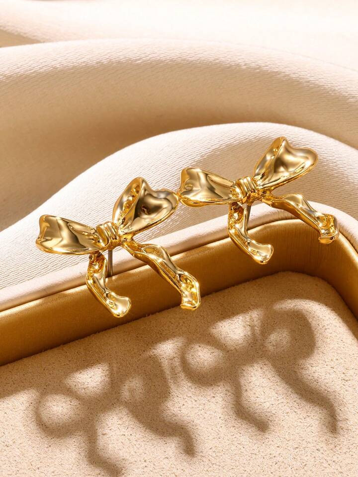 1 Pair Stainless Steel Bow Ribbon Stud Earrings Suitable For Women Daily Wear Jewelry Gift | SHEI... | SHEIN