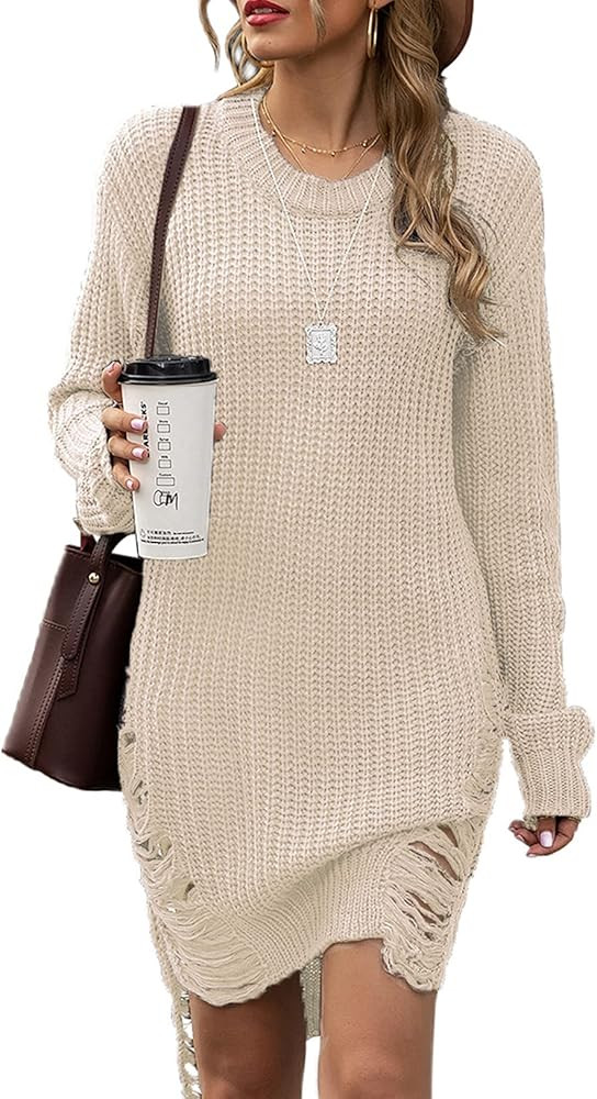 Women Oversized Loose Long Pullover Sweater Dress Winter Knit Ripped Jumper Tops | Amazon (US)