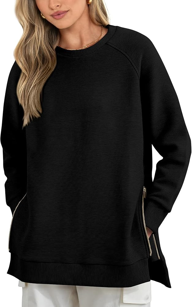 BTFBM Women's Oversized Sweatshirt 2023 Fall Fashion Crew Neck Long Sleeve Slit Casual Pullover T... | Amazon (US)