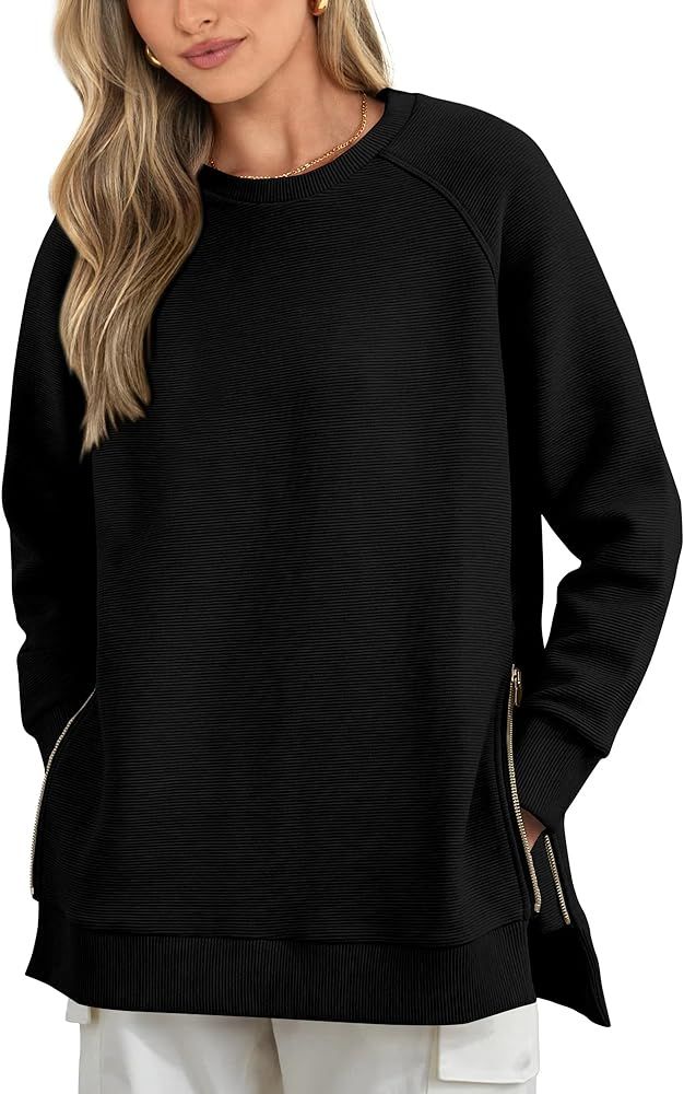 BTFBM Women's Oversized Sweatshirt 2023 Fall Fashion Crew Neck Long Sleeve Slit Casual Pullover T... | Amazon (US)