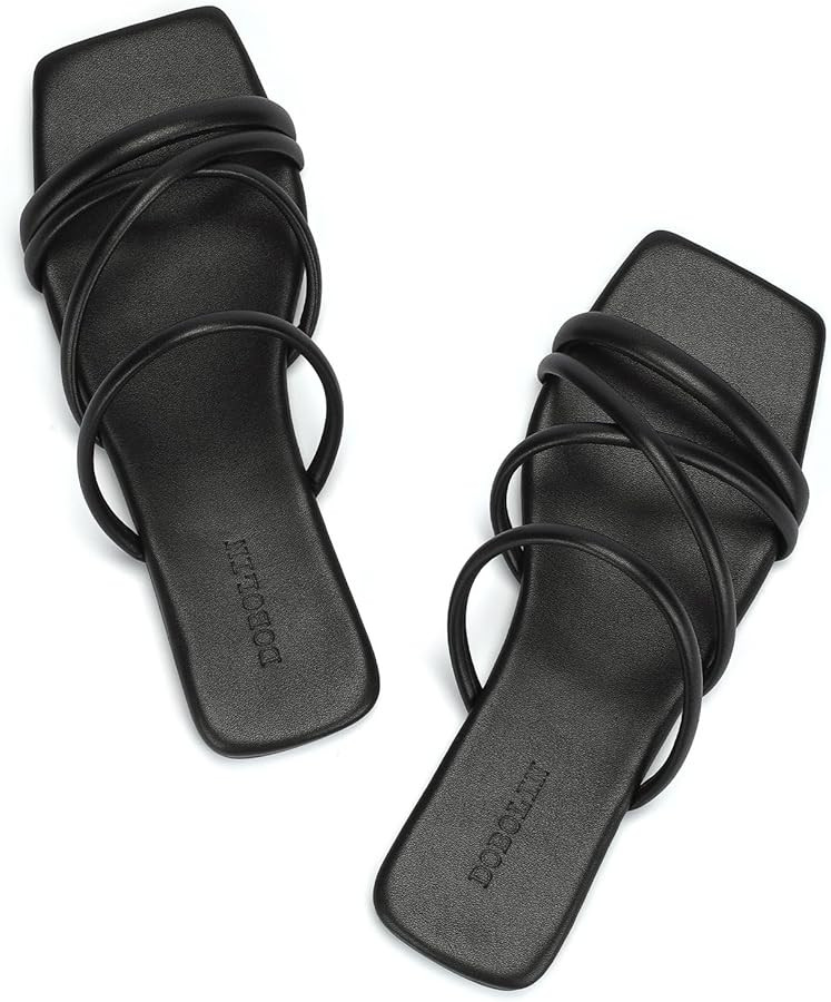 Women's Flat Sandals Strappy Square Open Toe Slide Sandals Dressy Comfortable Wide Feet Friendly | Amazon (US)
