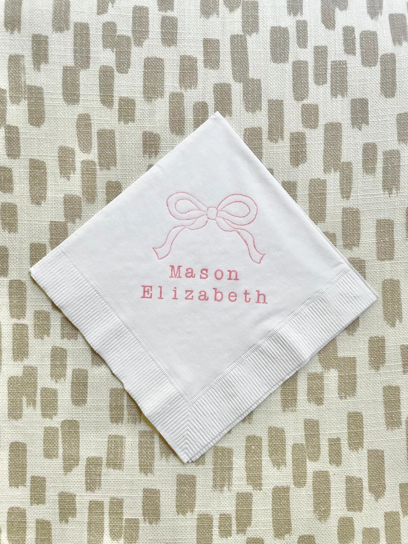 Personalized Baby Bow Ribbon Shower White Beverage Cocktail Napkins Baby Girl in Light Pink Ink S... | Etsy (US)