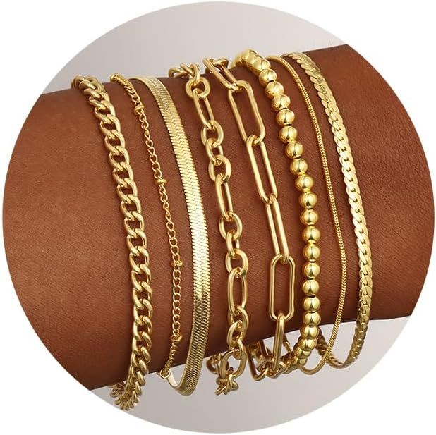 Gold Bracelets for Women, 14K Gold Plated Dainty Bracelets Set, Layered Chain Bracelets Pack Jewe... | Amazon (US)