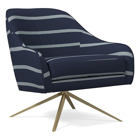 Roar & Rabbit Swivel Chair, Simple Stripe, Midnight Bluebird, Antique Brass | West Elm (US)