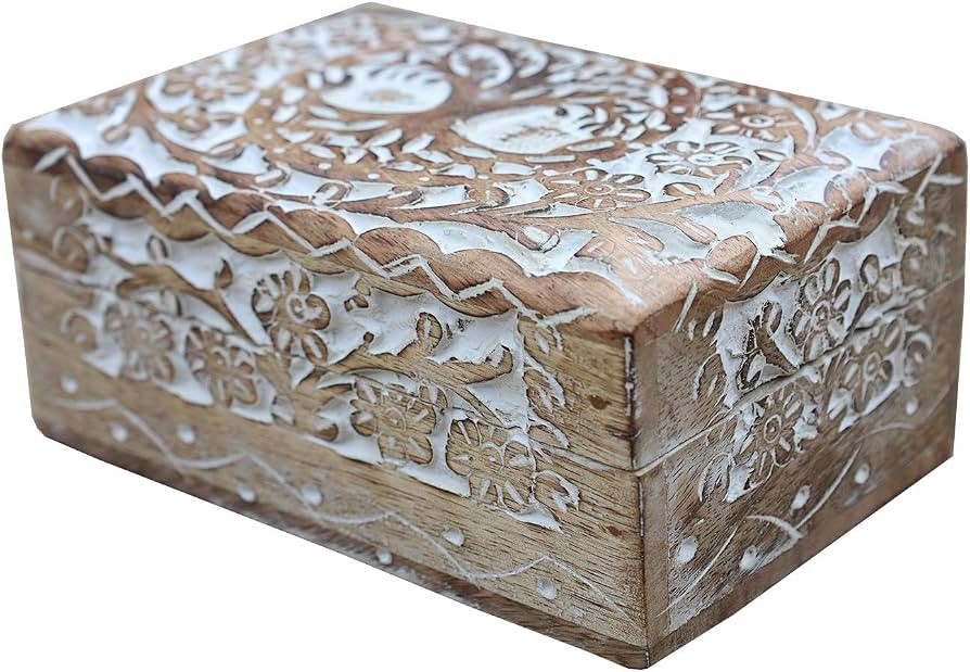 DharmaObjects Hand Carved Jewelry Trinket Keepsake Wooden Storage Box (6 X 4 Inches, White) | Amazon (US)