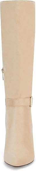 Coutgo Womens Knee High Boots Stiletto Heels Suede Pointed Toe Wide Calf Metal Buckle Side Zipper... | Amazon (US)