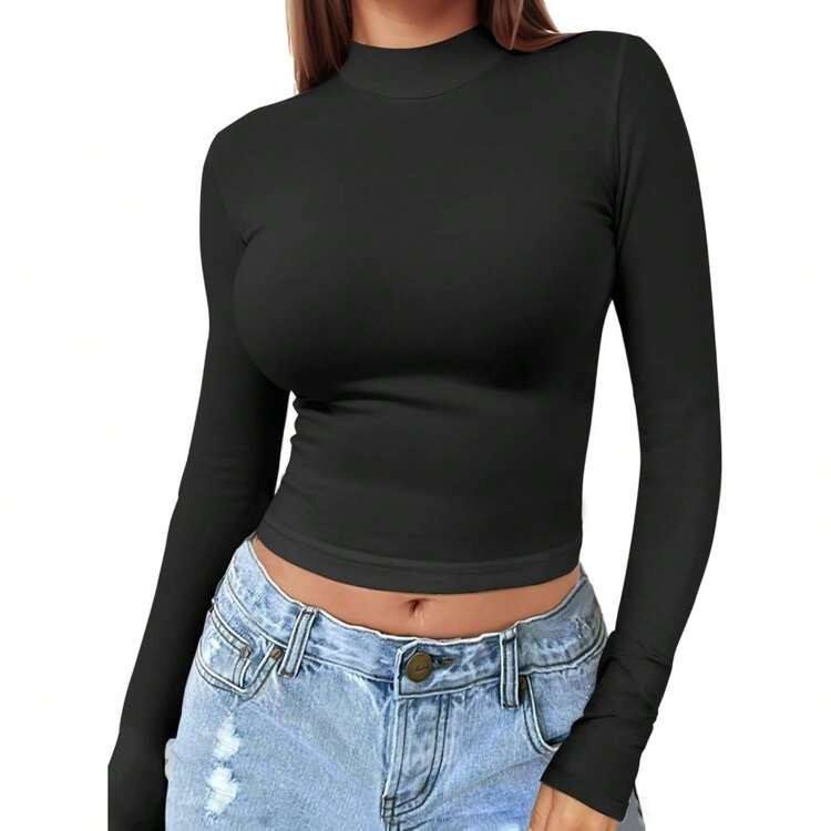 Women's Long Sleeve Slim Fit Top, Turtleneck Sexy Fitted Casual Base Shirt, Lightweight And Soft,... | SHEIN