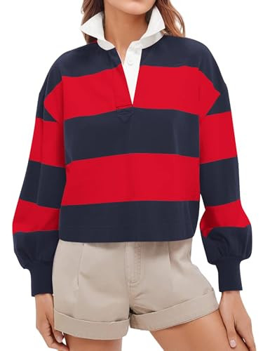 JEIBKOUY Womens Striped Color Block Polo Sweatshirt Y2k Long Sleeve Lapel Collar Rugby Shirt Button V Neck Pullover Crop Tops Red | Amazon (US)