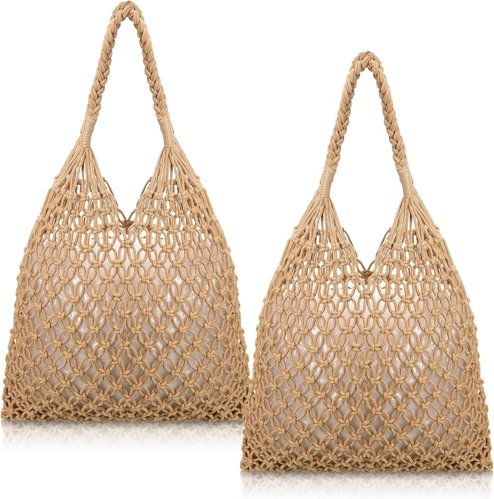 2 Pcs Women Travel Beach Bag Cotton Rope Travel Beach Fishing Net Handbag Tote Summer Weave Ratta... | Amazon (US)