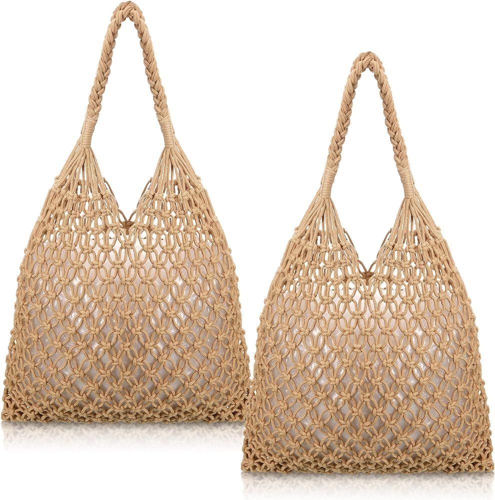 2 Pcs Women Travel Beach Bag Cotton Rope Travel Beach Fishing Net Handbag Tote Summer Weave Ratta... | Amazon (US)