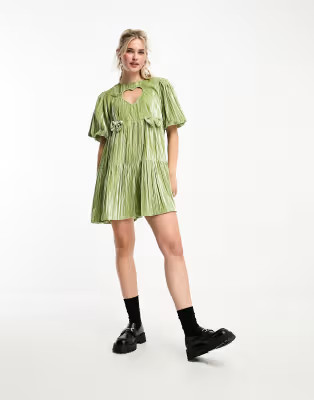 Neon Rose crushed velvet bow detail mini smock dress in green | ASOS (Global)