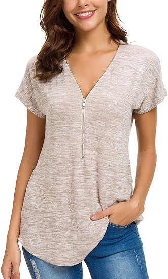 LUSMAY Women's Casual Zipper V Neck Short Sleeve Tunic Tops Loose Fitting T Shirts Blouse | Amazon (US)
