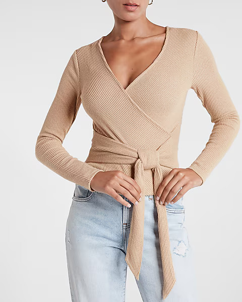 Ribbed Faux Wrap Tie Waist Long Sleeve Top | Express