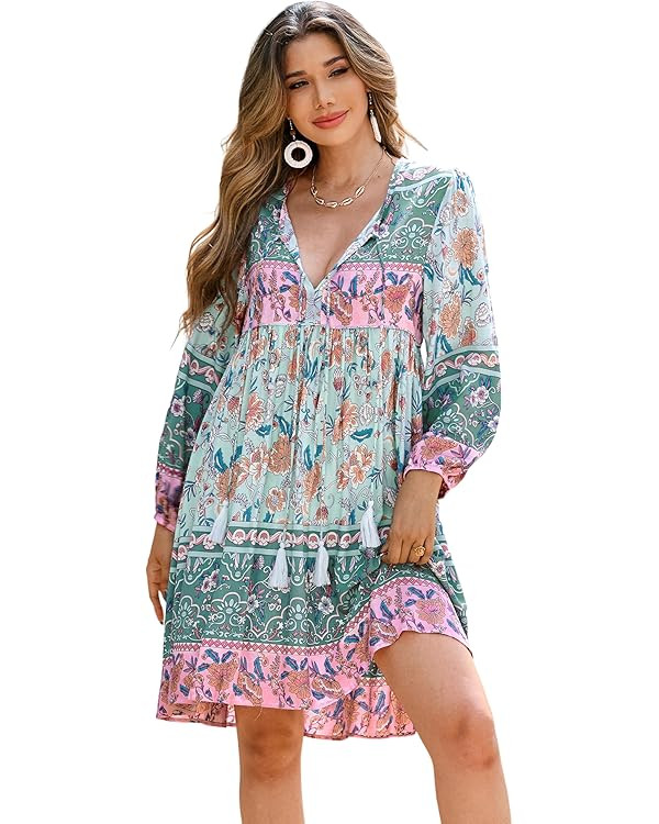 R.Vivimos Womens Long Sleeve Floral Casual Print Cotton Mini Tunic Dress | Amazon (US)