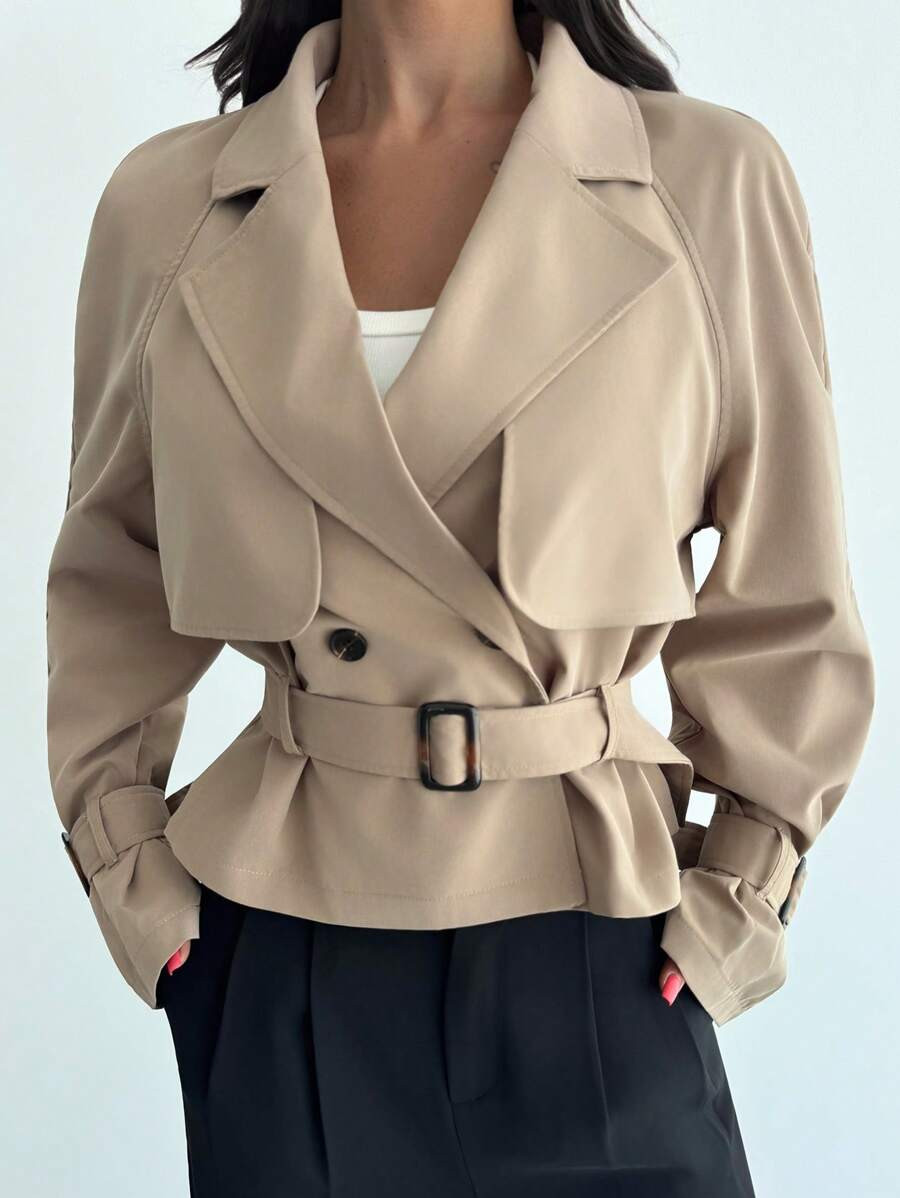 Firerie Abrigo largo tipo trench elegante color caqui para mujer, chaqueta de oficina casual de negocios para otoño con cinturón, estilo Old Money, cuello en V, cintura, mezcla de lino, manga larga, blazer corto | SHEIN