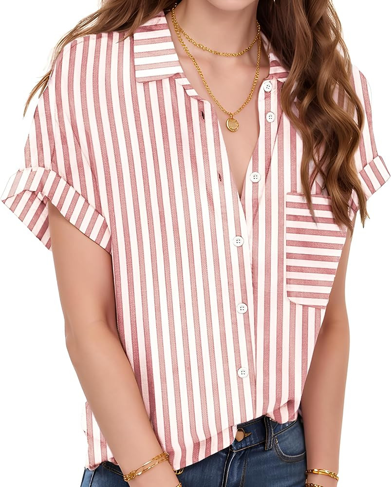Zeagoo Linen Shirts for Women Cotton Short Sleeve V Neck Collared Button Down Blouses Tops S-3XL | Amazon (US)