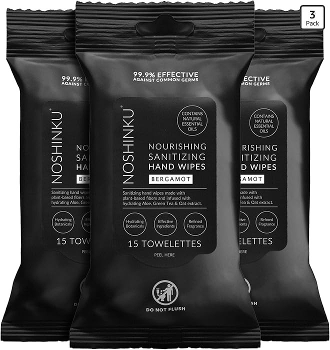 Noshinku – Bergamot Hand Sanitizer Wipes, 3-Pack (45 Towelettes) – Resealable Travel Wipes wi... | Amazon (US)