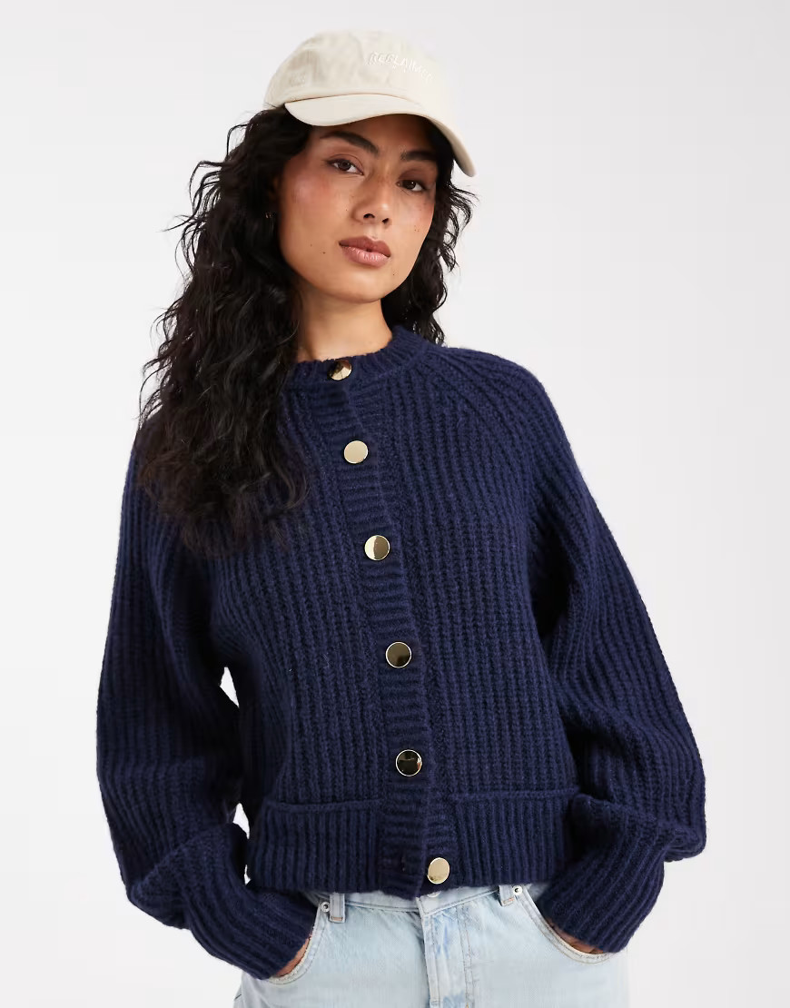 ASOS DESIGN knit fisherman ribbed cardigan with raglan detail in navy | ASOS (Global)