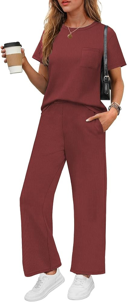 Ekouaer Womens Ribbed Knit Lounge Set Short Sleeve Top and Long Pants Soft Pajama Set 2 Piece Sle... | Amazon (US)