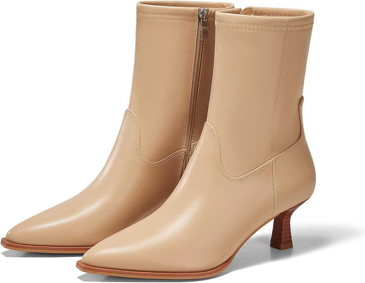 Coutgo Womens Pointed Toe Ankle Boots Stacked Kitten Low Heel Side Zipper Fall Booties Shoes | Amazon (US)