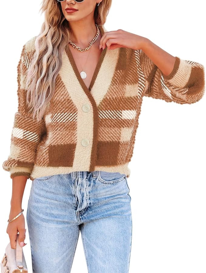 Imily Bela Womens Cardigan Sweaters Plaid Fuzzy Knit V Neck Button Down Long Sleeve Cozy Cardigan... | Amazon (US)