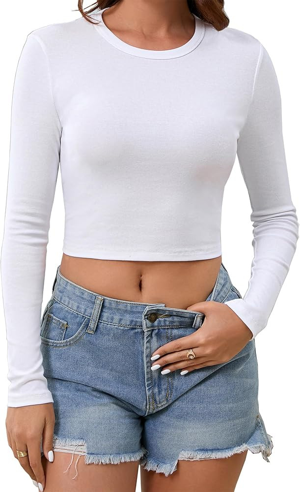 Abardsion Cotton Long Sleeve Crop Tops for Women Y2K 2026 Spring Outfits Clothes Slim Fit Shirts | Amazon (US)