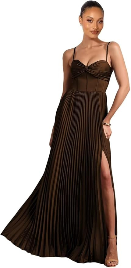 Pleated Long A Line Bridesmaid Dress 2025 Spaghetti Straps Satin Formal Evening Dresses for Women... | Amazon (US)