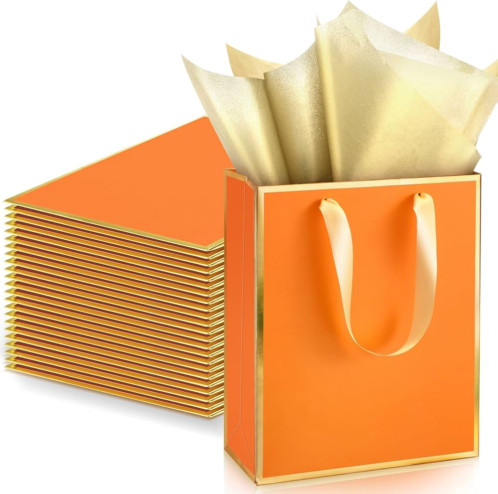 Yeaqee 24 Pack Metallic Paper Gift Bags 9x7x3.1 Orange Gold | Amazon (US)