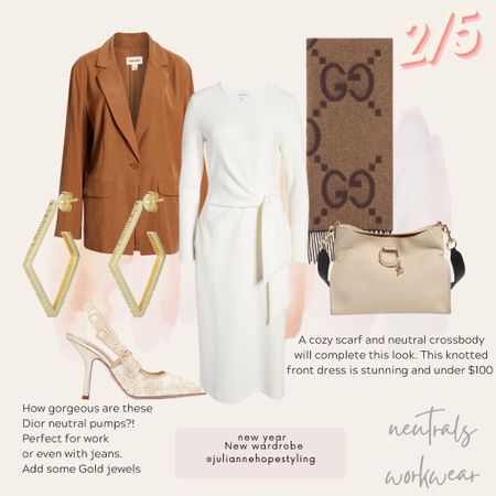Neutral style, workwear, work dresses, flattering style, blazers, Dior pumps, Gucci scarf 