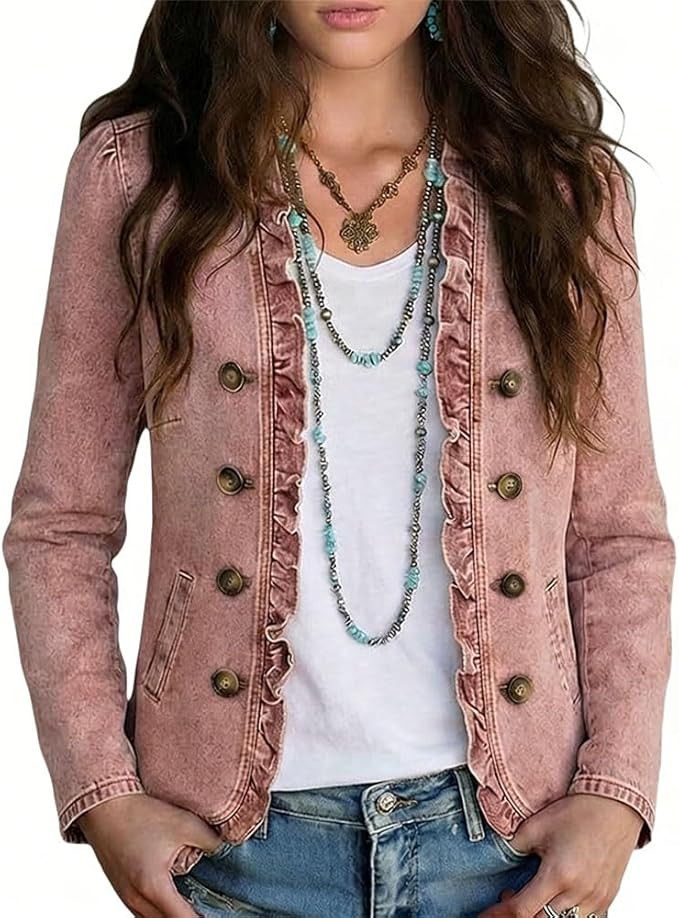 Chaqueta vaquera casual de algod\u00f3n de manga larga con doble botonadura y ribete de volantes ... | Amazon (US)
