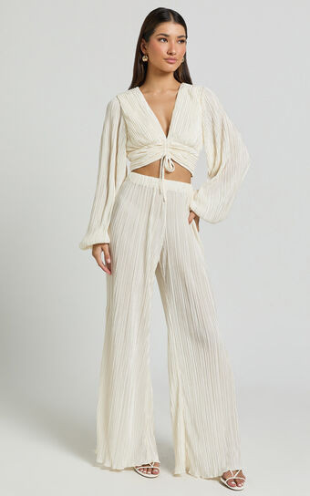 Beca Pants - High Waisted Plisse Flared Pants in Cream | Showpo (US, UK & Europe)