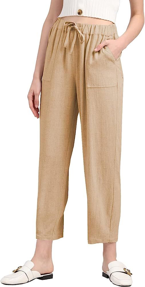 MEOMUA Women's Linen Pants Soft Cropped Drawstring Waist Cotton Beach Trousers | Amazon (US)