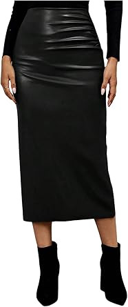 GORGLITTER Women's Casual Fitted Faux Leather Slit Maxi Skirt Ruched Side Elastic High Waist Long... | Amazon (US)