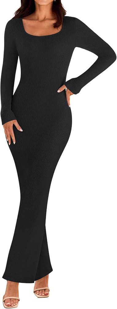 MEROKEETY Women's 2024 Fall Long Sleeve Sweater Dress Square Neck Ribbed Knit Bodycon Long Maxi D... | Amazon (US)