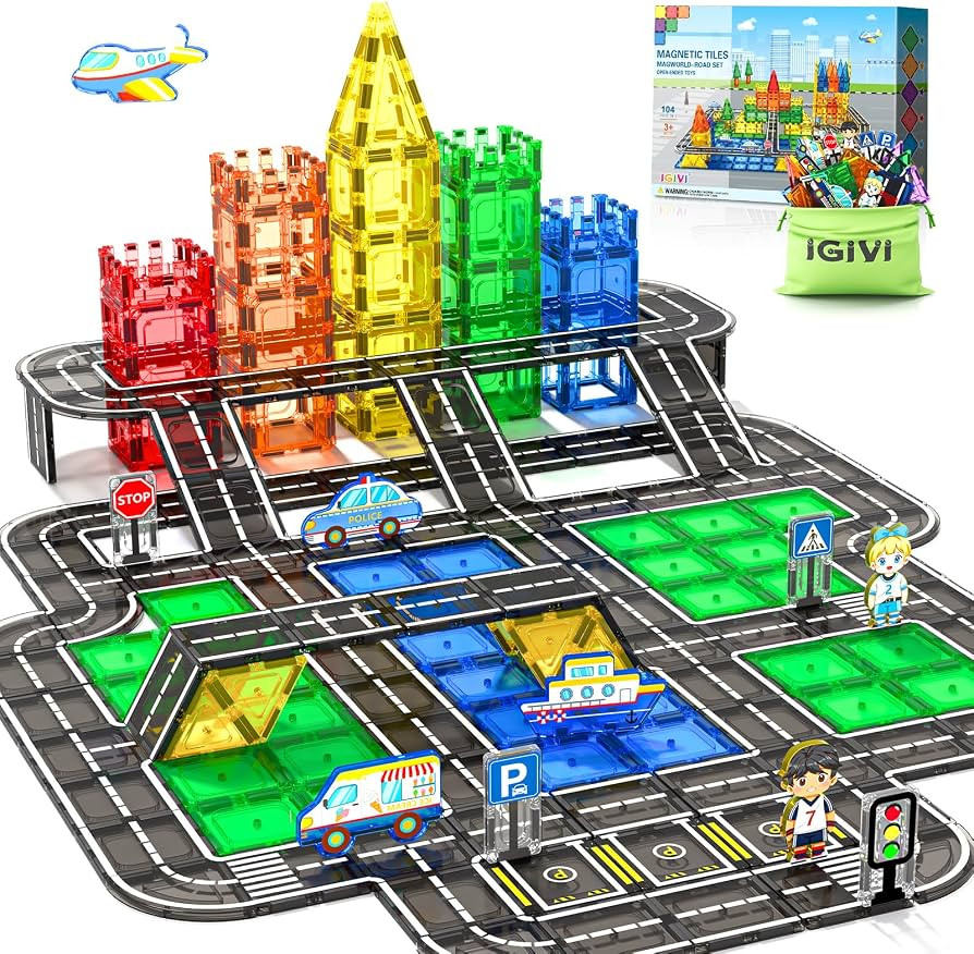 104 PCS Magnetic Tiles Road Set, STEM Construction Toys for Kids Ages 3-5 5-7 4-8, Magnet Buildin... | Amazon (US)