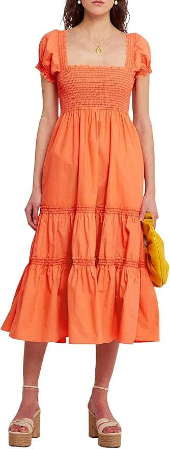 ZAFUL Womens Square Neck Short Puff Sleeve Smocked Tiered Ruffle A Line Maxi Dress | Amazon (US)