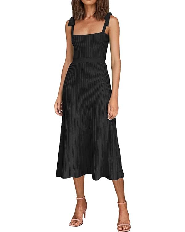 AGSEEM Women's 2024 Summer Maxi Dresses Tie Spaghetti Strap Square Neck Ribbed Knit Dress | Amazon (US)